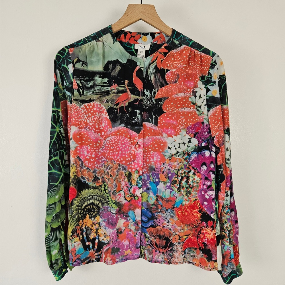 Issa London Multi Print Silk Blouse Sz 4 Tropical Jungle Under Sea Abstract